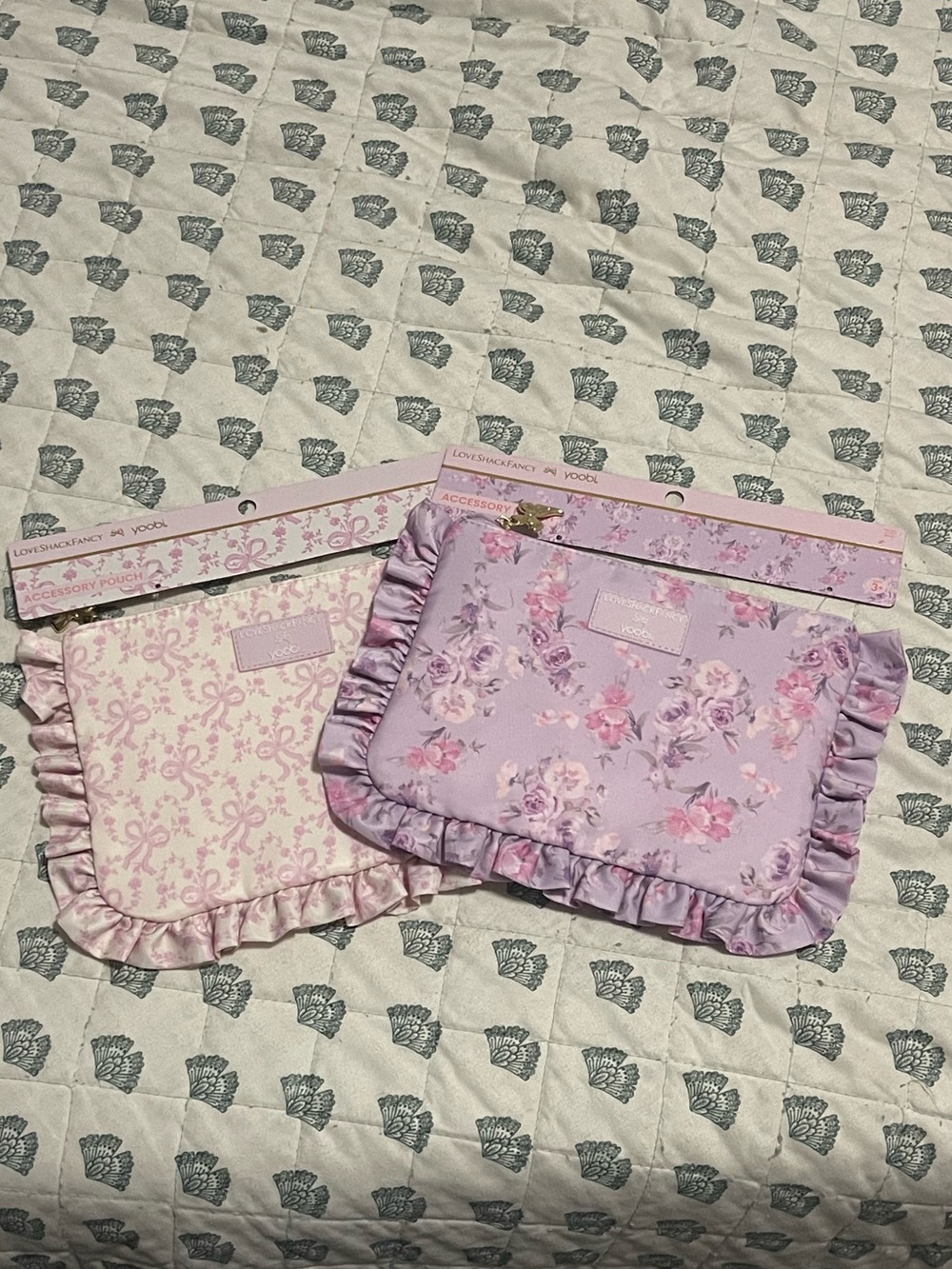 LoveShackFancy Lavender and Light Pink Ruffle Cosmetic Pouches